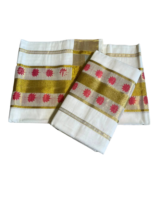 Kerala Cotton Rani Pink Colour Lotus Printed Set Mundu (2.80 mtrs) SL516