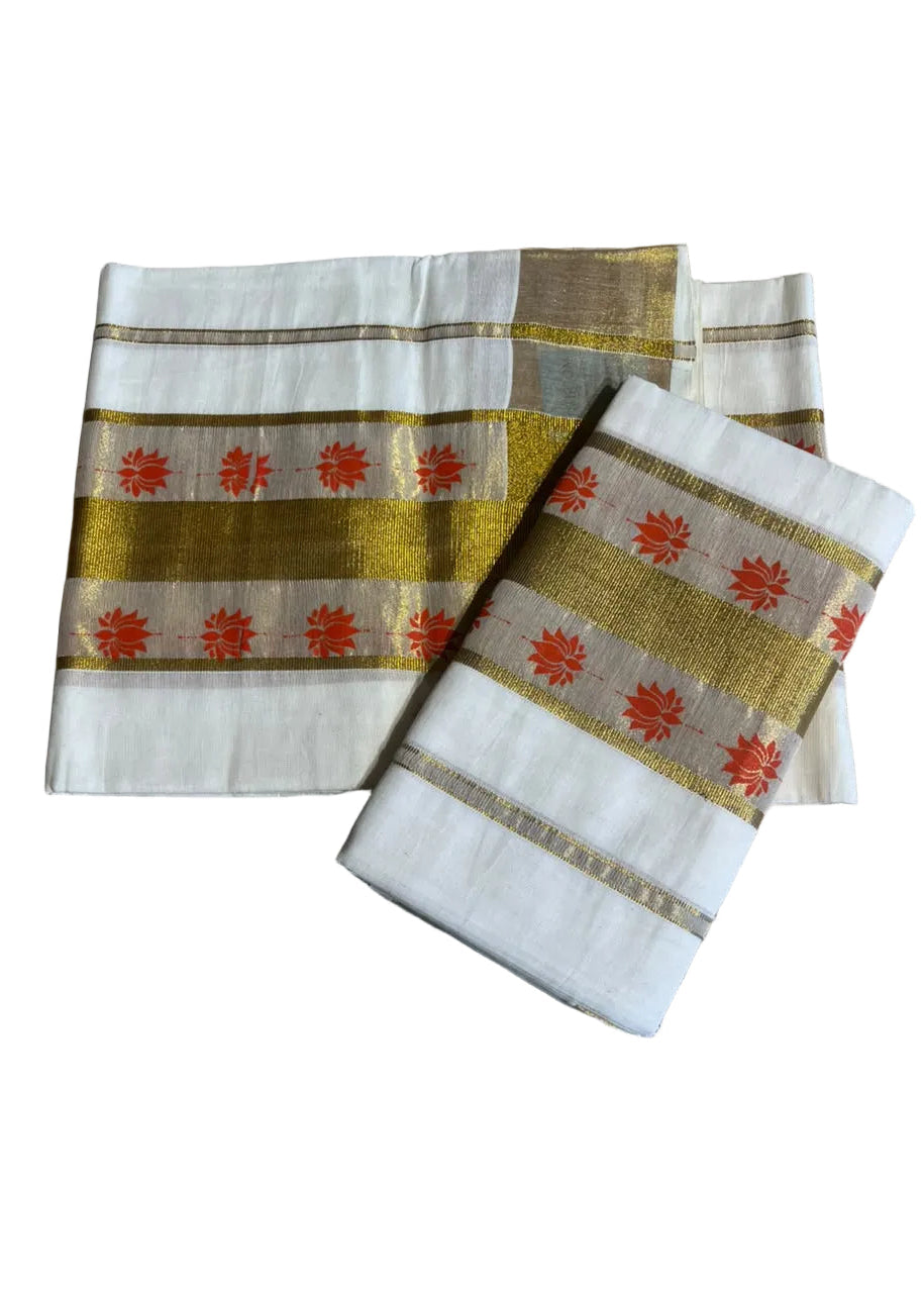 Kerala Cotton Orange Colour Lotus Printed Set Mundu (2.80 mtrs) SL516