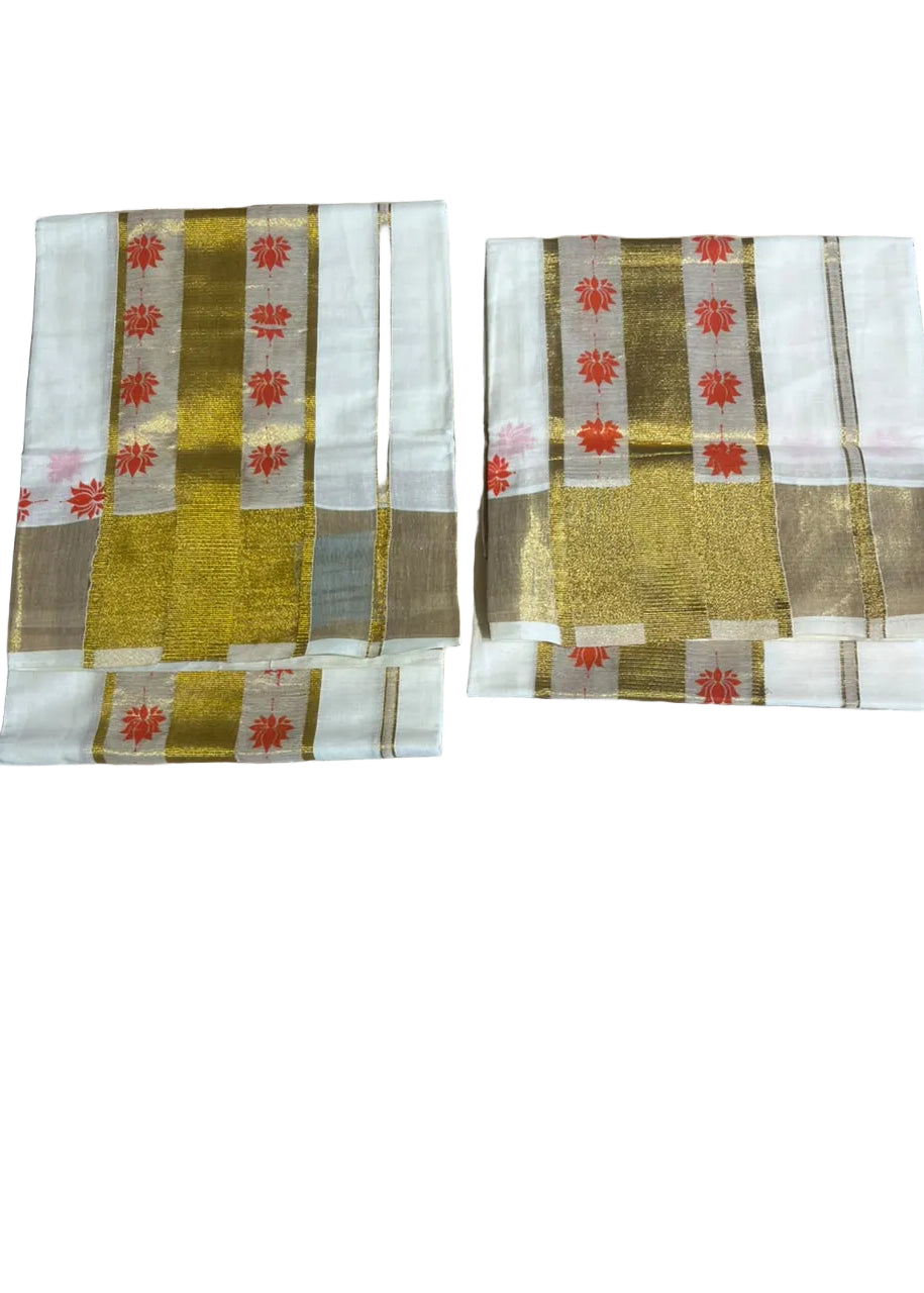 Kerala Cotton Orange Colour Lotus Printed Set Mundu (2.80 mtrs) SL516
