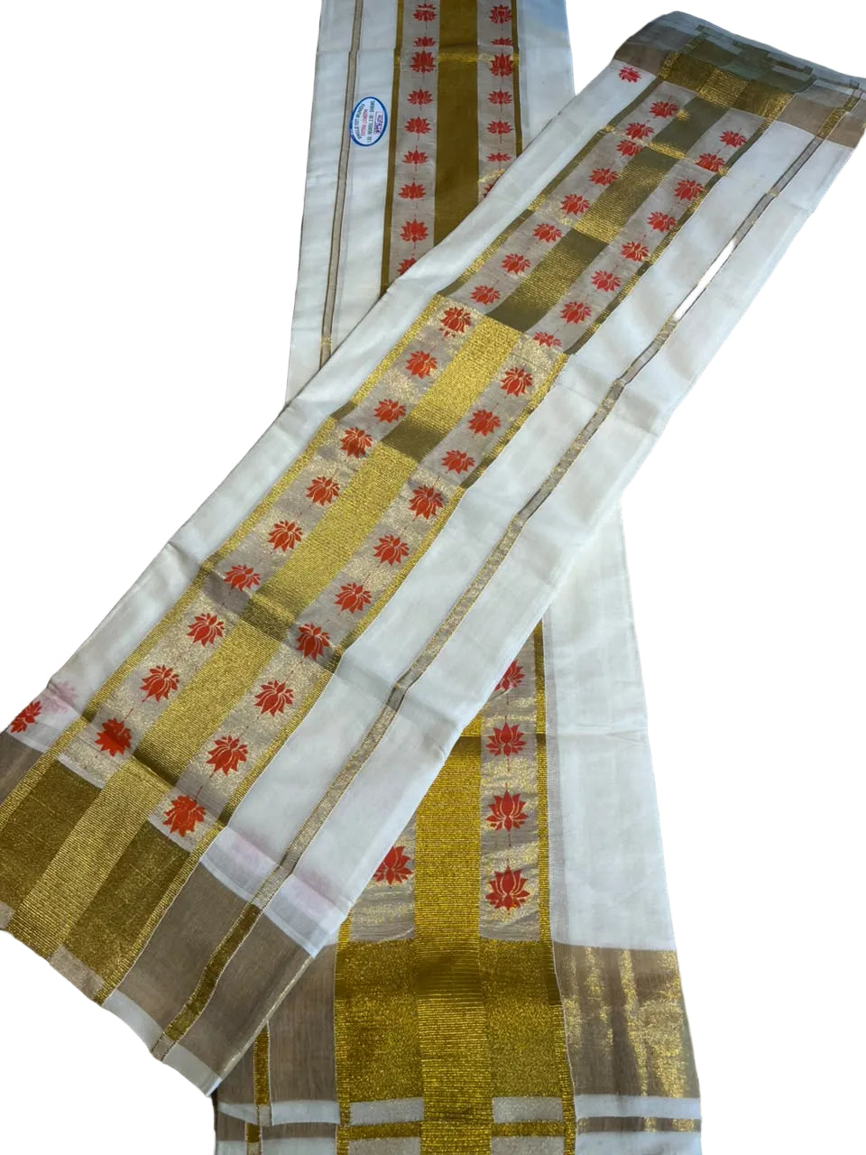 Kerala Cotton Orange Colour Lotus Printed Set Mundu (2.80 mtrs) SL516