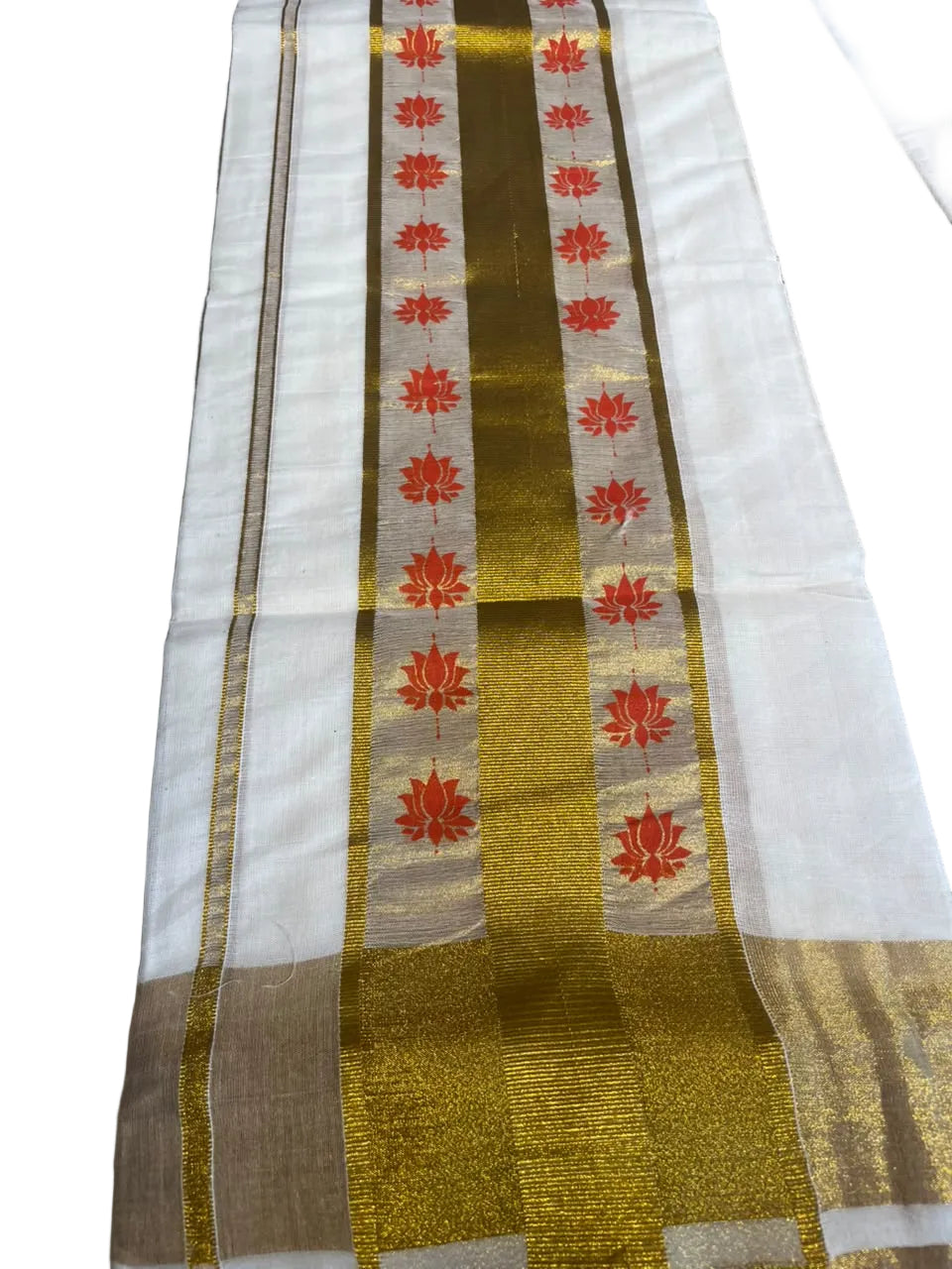 Kerala Cotton Orange Colour Lotus Printed Set Mundu (2.80 mtrs) SL516