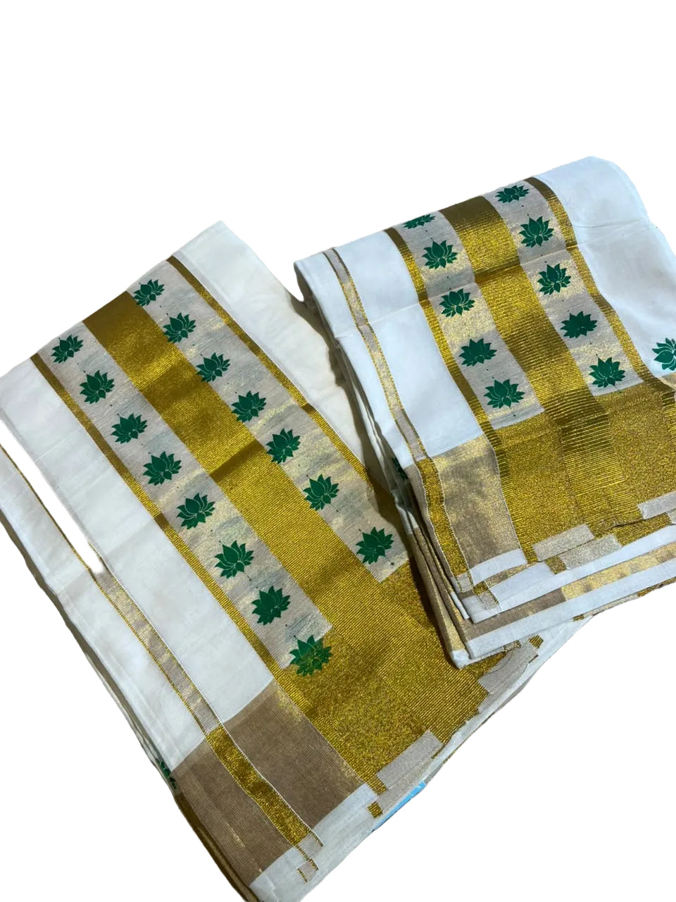 Kerala Cotton Green Colour Lotus Printed Set Mundu (2.80 mtrs) SL516