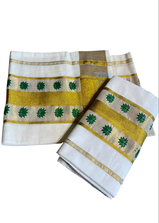 Kerala Cotton Green Colour Lotus Printed Set Mundu (2.80 mtrs) SL516