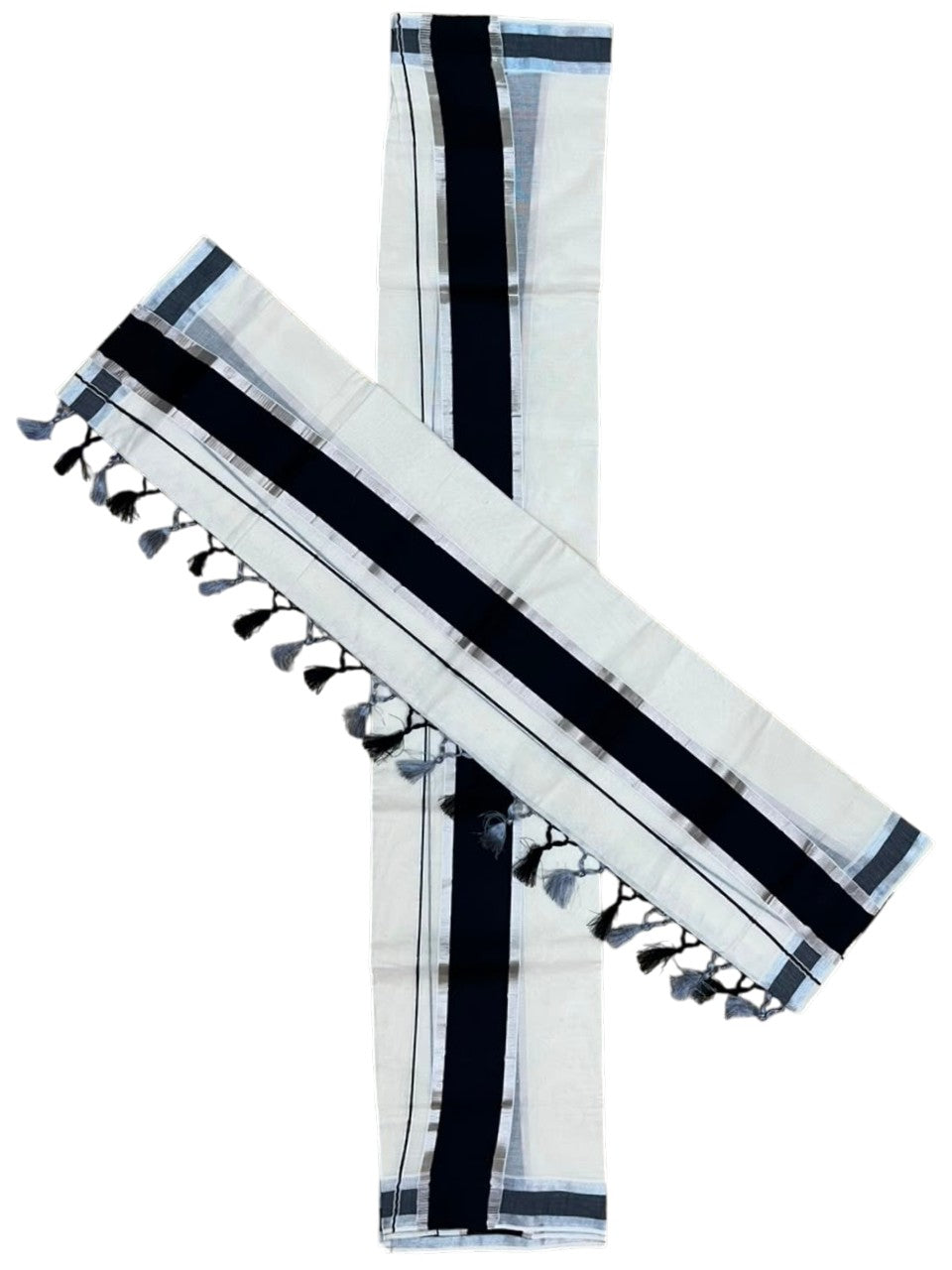 Southloom Kerala Cotton Mundum Neriyathum Single (Set Mundu) with Silver Kasavu and Black Border 2.80 Mtrs SLKK SL525