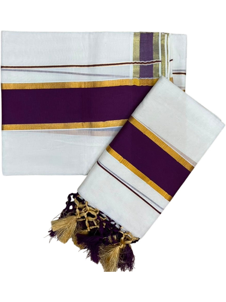 Southloom Kerala Cotton Single Set Mundu (Mundum Neriyathum) with Kasavu and Purple Border SLKK SL518