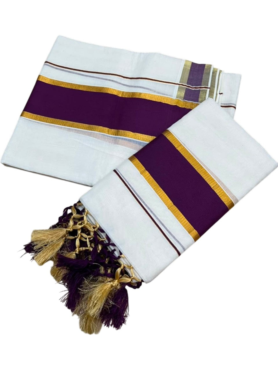Southloom Kerala Cotton Single Set Mundu (Mundum Neriyathum) with Kasavu and Purple Border SLKK SL518