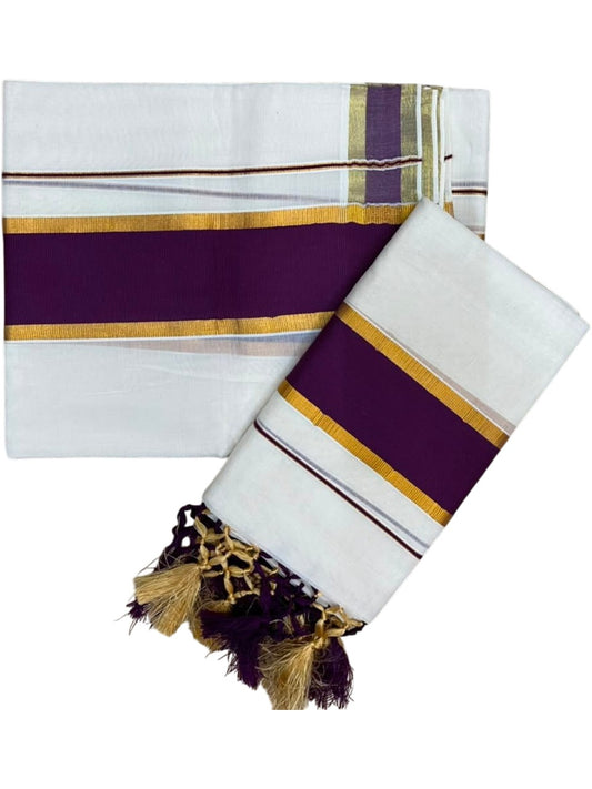 Southloom Kerala Cotton Single Set Mundu (Mundum Neriyathum) with Kasavu and Purple Border SLKK SL518