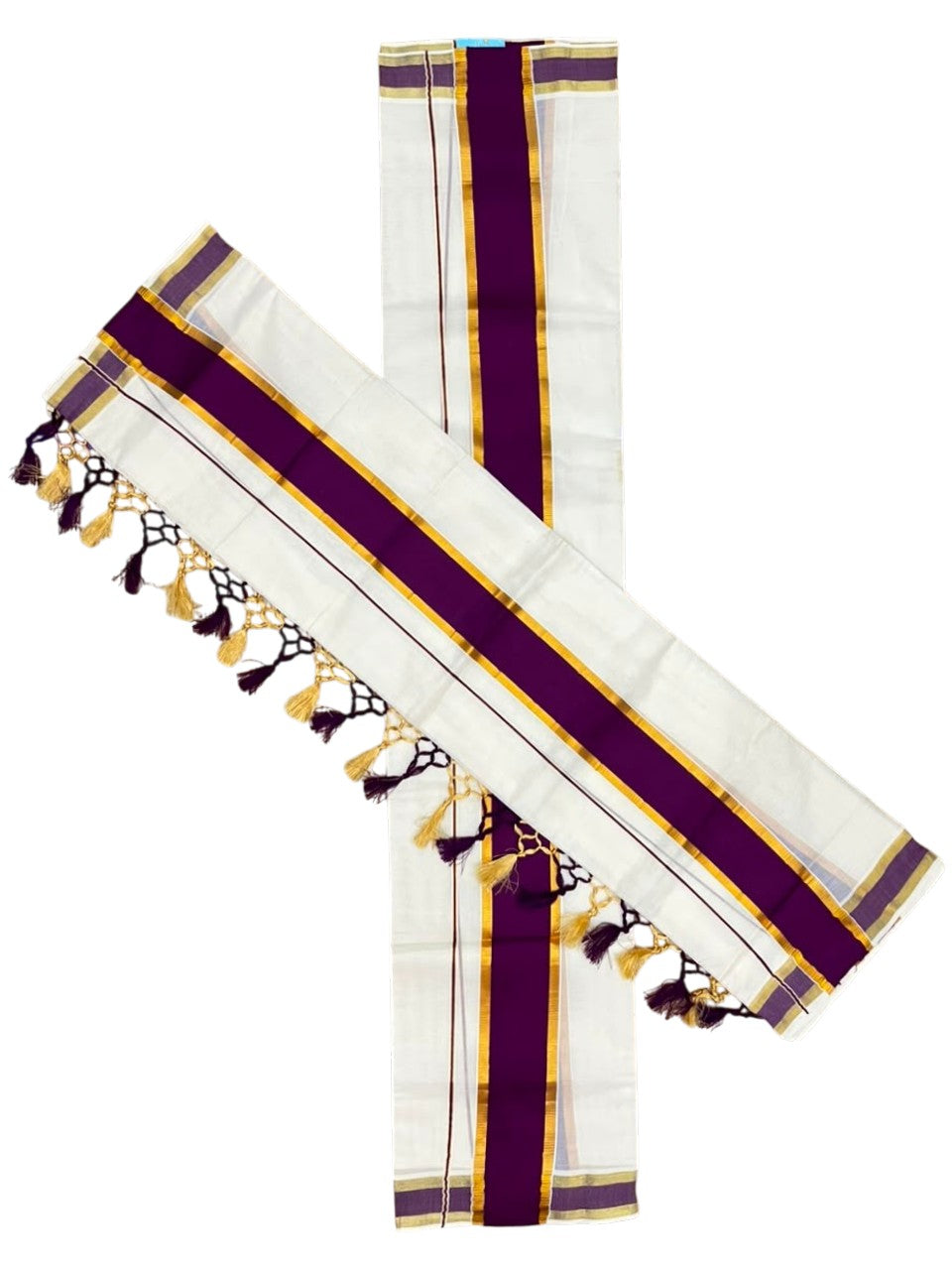 Southloom Kerala Cotton Single Set Mundu (Mundum Neriyathum) with Kasavu and Purple Border SLKK SL518