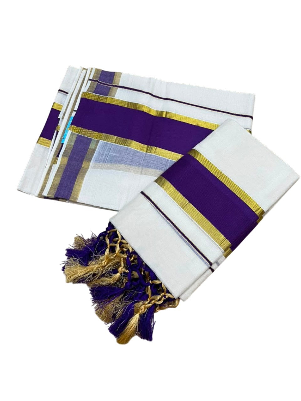 Southloom Kerala Cotton Single Set Mundu (Mundum Neriyathum) with Kasavu and Violet Border SLKK SL518