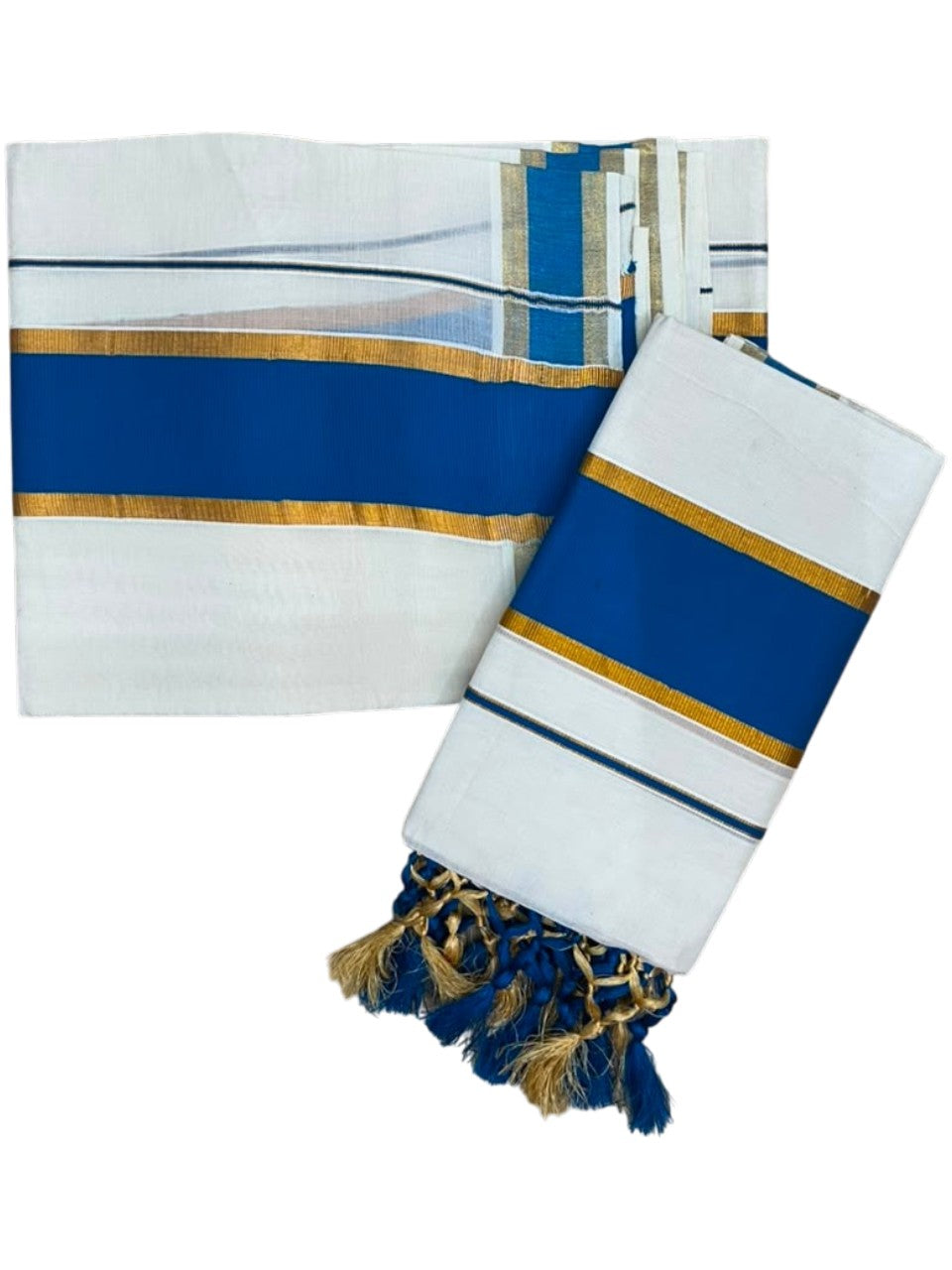 Southloom Kerala Cotton Single Set Mundu (Mundum Neriyathum) with Kasavu and Blue Border SLKK SL518