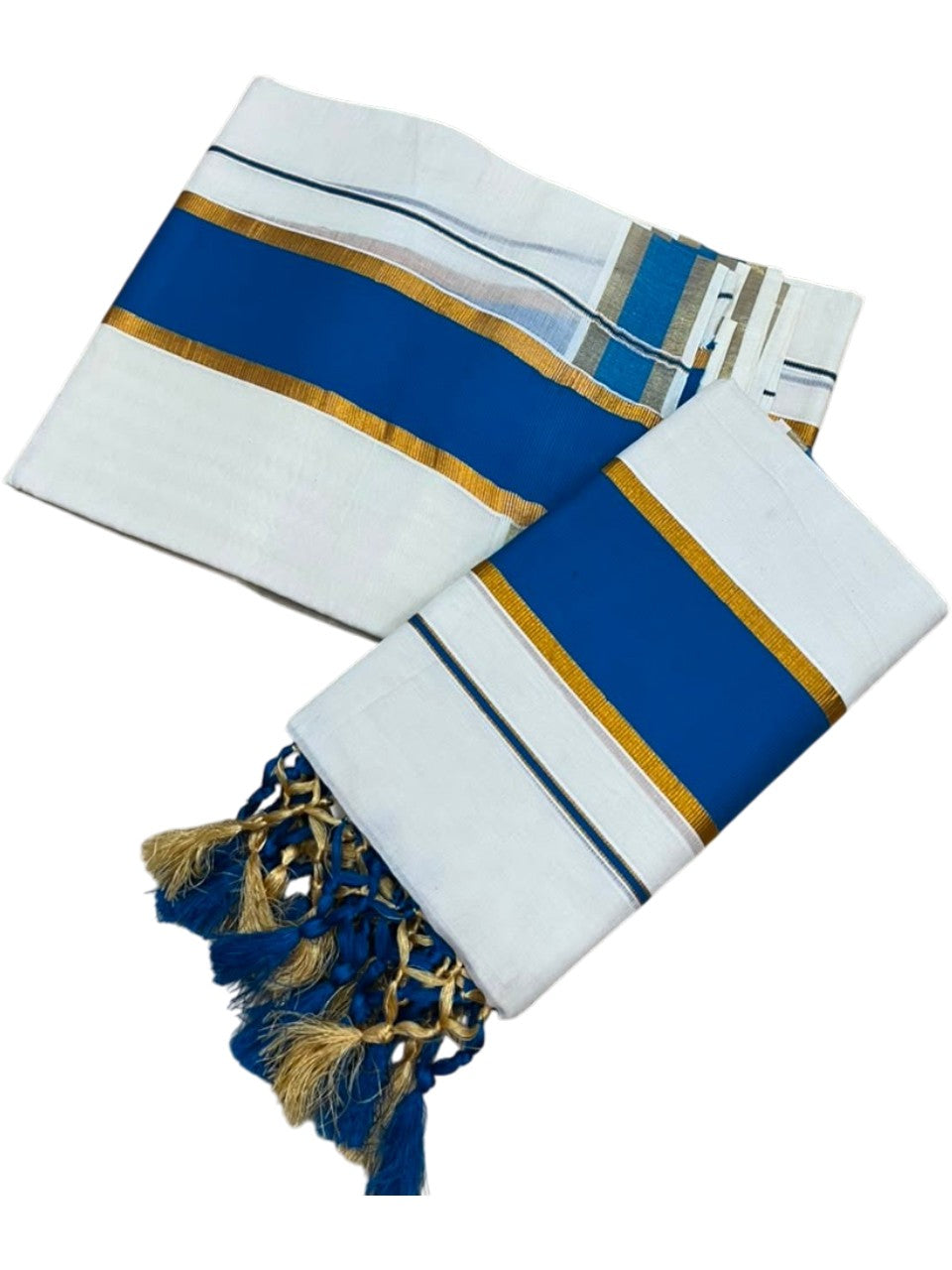 Southloom Kerala Cotton Single Set Mundu (Mundum Neriyathum) with Kasavu and Blue Border SLKK SL518
