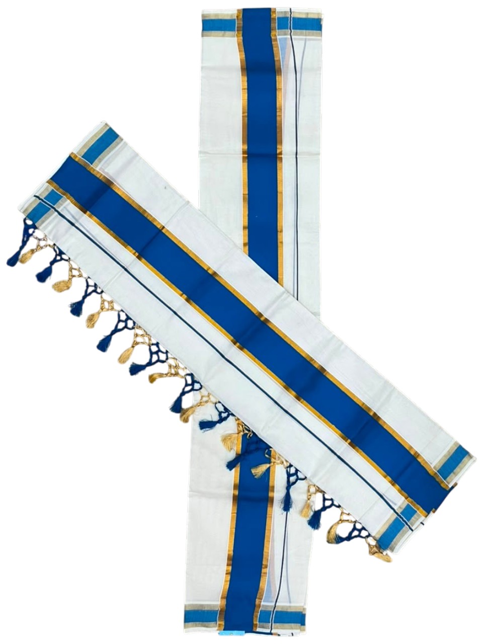 Southloom Kerala Cotton Single Set Mundu (Mundum Neriyathum) with Kasavu and Blue Border SLKK SL518