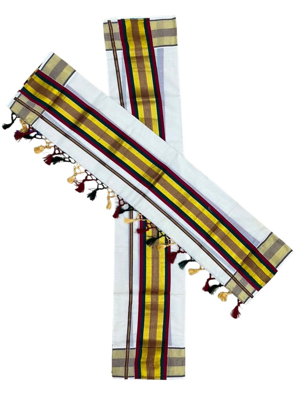 Southloom Kerala Cotton Kasavu Single Set Mundu (Mundum Neriyathum) with Maroon and Green Border SLKK SL526