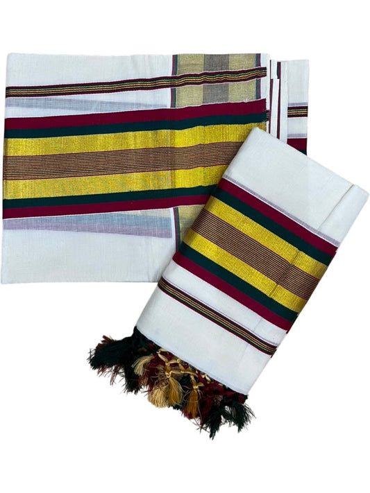 Southloom Kerala Cotton Kasavu Single Set Mundu (Mundum Neriyathum) with Maroon and Green Border SLKK SL526