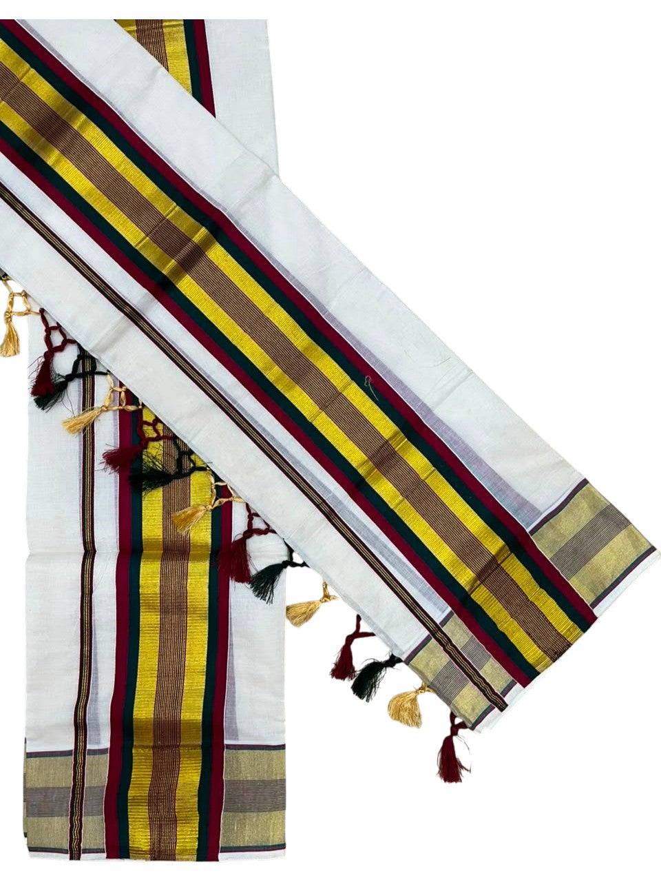 Southloom Kerala Cotton Kasavu Single Set Mundu (Mundum Neriyathum) with Maroon and Green Border SLKK SL526