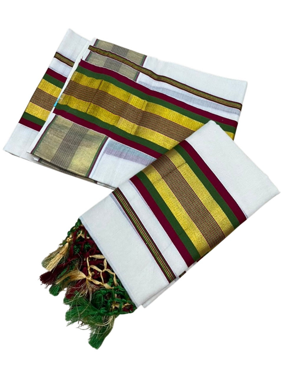 Southloom Kerala Cotton Kasavu Single Set Mundu (Mundum Neriyathum) with Maroon and Olive Green Border SLKK SL526