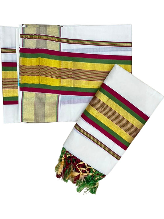 Southloom Kerala Cotton Kasavu Single Set Mundu (Mundum Neriyathum) with Maroon and Olive Green Border SLKK SL526