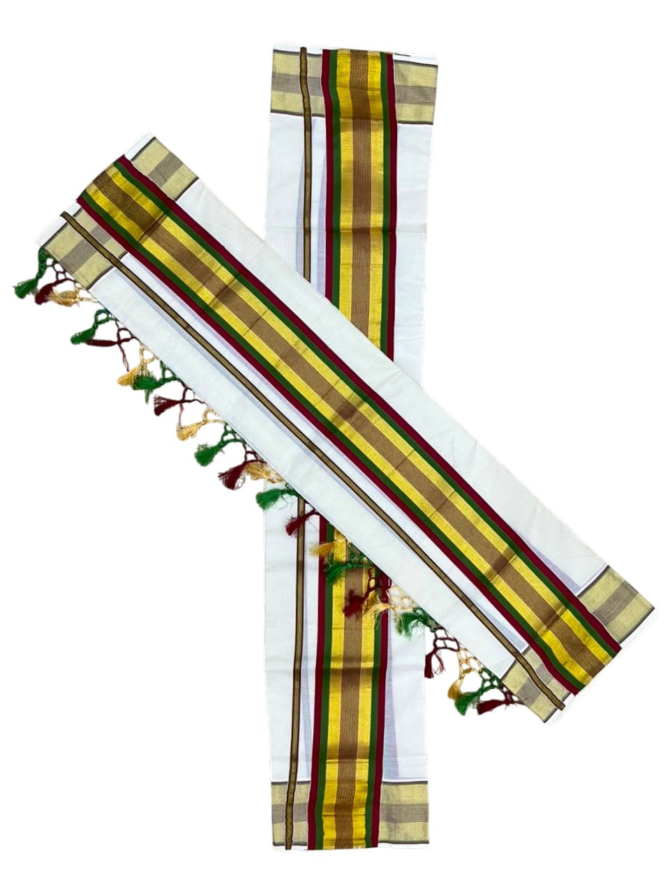 Southloom Kerala Cotton Kasavu Single Set Mundu (Mundum Neriyathum) with Maroon and Olive Green Border SLKK SL526