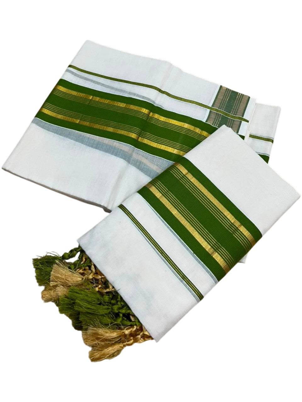 Southloom Kerala Cotton Single Set Mundu (Mundum Neriyathum) with Kasavu and Olive Green Border SLKK SL518