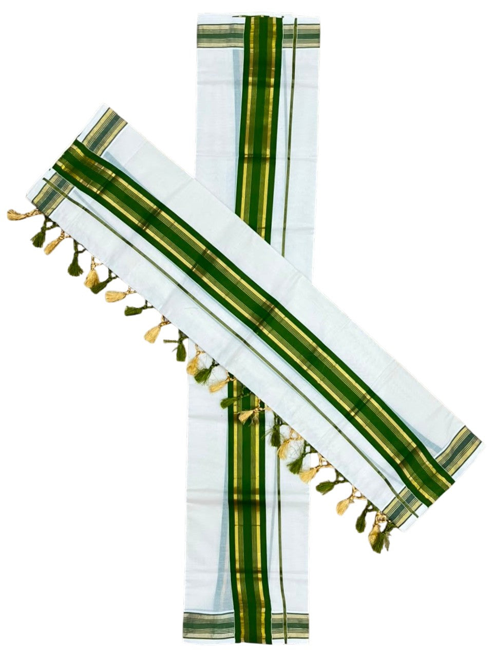 Southloom Kerala Cotton Single Set Mundu (Mundum Neriyathum) with Kasavu and Olive Green Border SLKK SL518