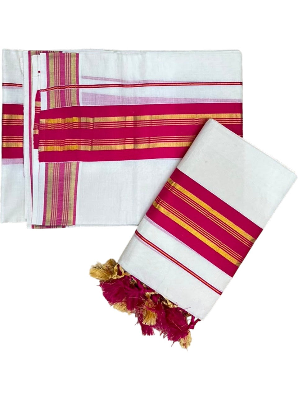 Southloom Kerala Cotton Single Set Mundu (Mundum Neriyathum) with Kasavu and Dark Pink Border SLKK SL518