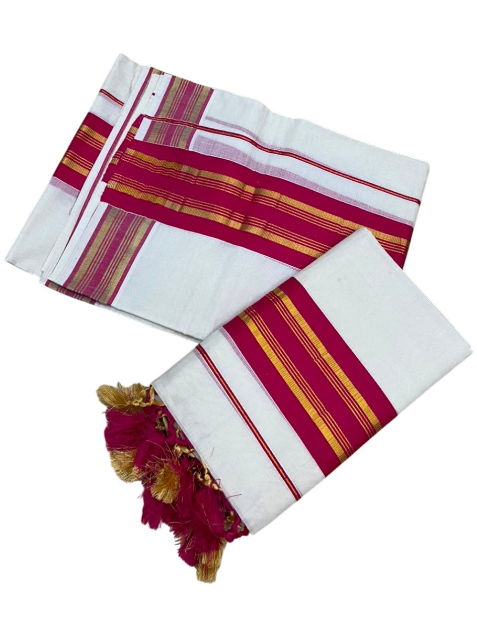 Southloom Kerala Cotton Single Set Mundu (Mundum Neriyathum) with Kasavu and Dark Pink Border SLKK SL518