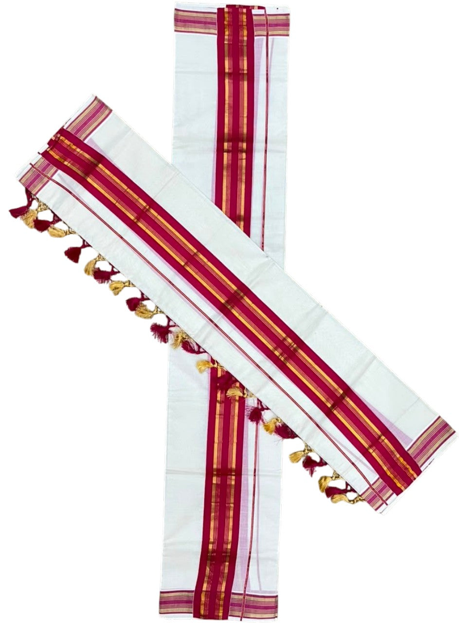 Southloom Kerala Cotton Single Set Mundu (Mundum Neriyathum) with Kasavu and Dark Pink Border SLKK SL518