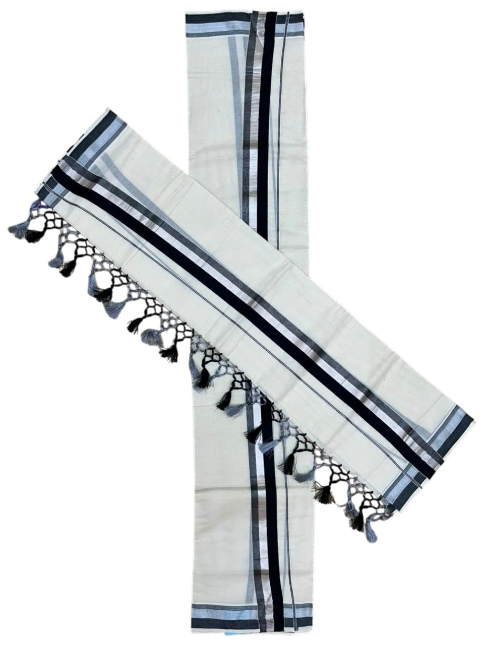 Southloom Kerala Cotton Mundum Neriyathum Single (Set Mundu) with Silver Kasavu and Black Border 2.80 Mtrs SLKK SL525