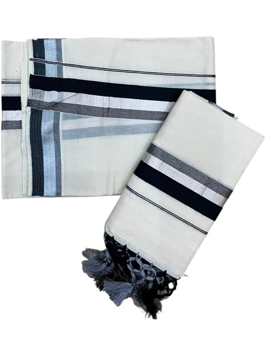 Southloom Kerala Cotton Mundum Neriyathum Single (Set Mundu) with Silver Kasavu and Black Border 2.80 Mtrs SLKK SL525