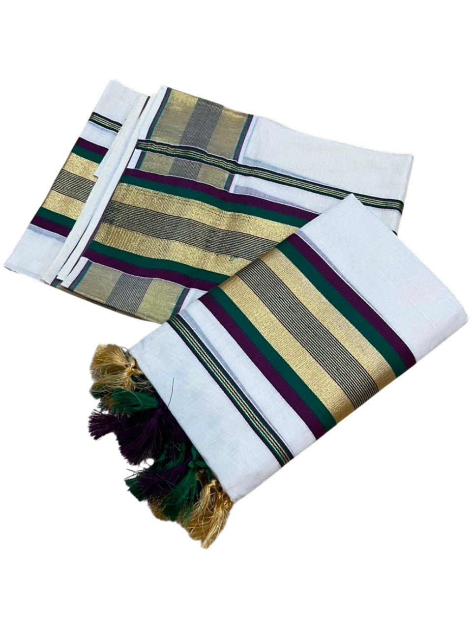 Southloom Kerala Cotton Kasavu Single Set Mundu (Mundum Neriyathum) with Purple and Green Border SLKK SL526