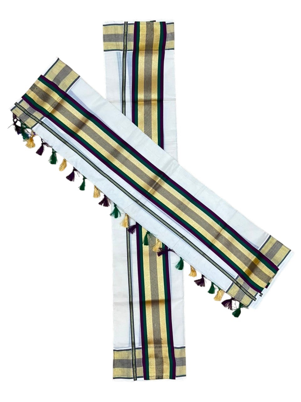 Southloom Kerala Cotton Kasavu Single Set Mundu (Mundum Neriyathum) with Purple and Green Border SLKK SL526