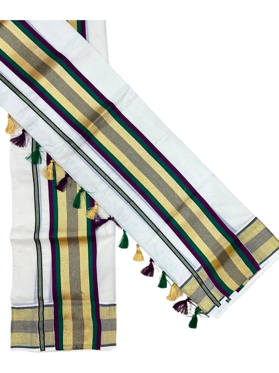 Southloom Kerala Cotton Kasavu Single Set Mundu (Mundum Neriyathum) with Purple and Green Border SLKK SL526