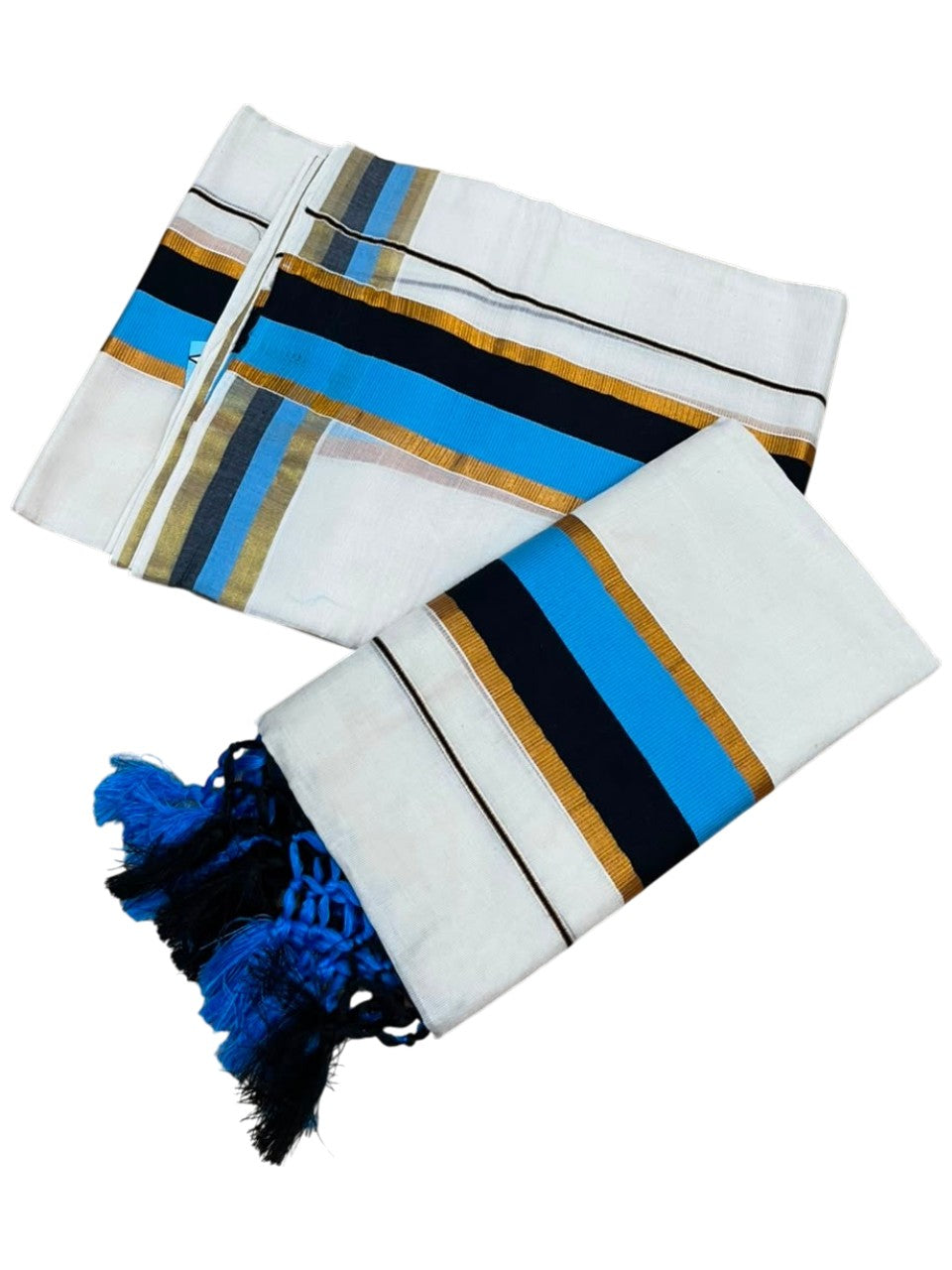 Southloom Kerala Cotton Kasavu Single Set Mundu (Mundum Neriyathum) with Black and Blue Border SLKK SL518