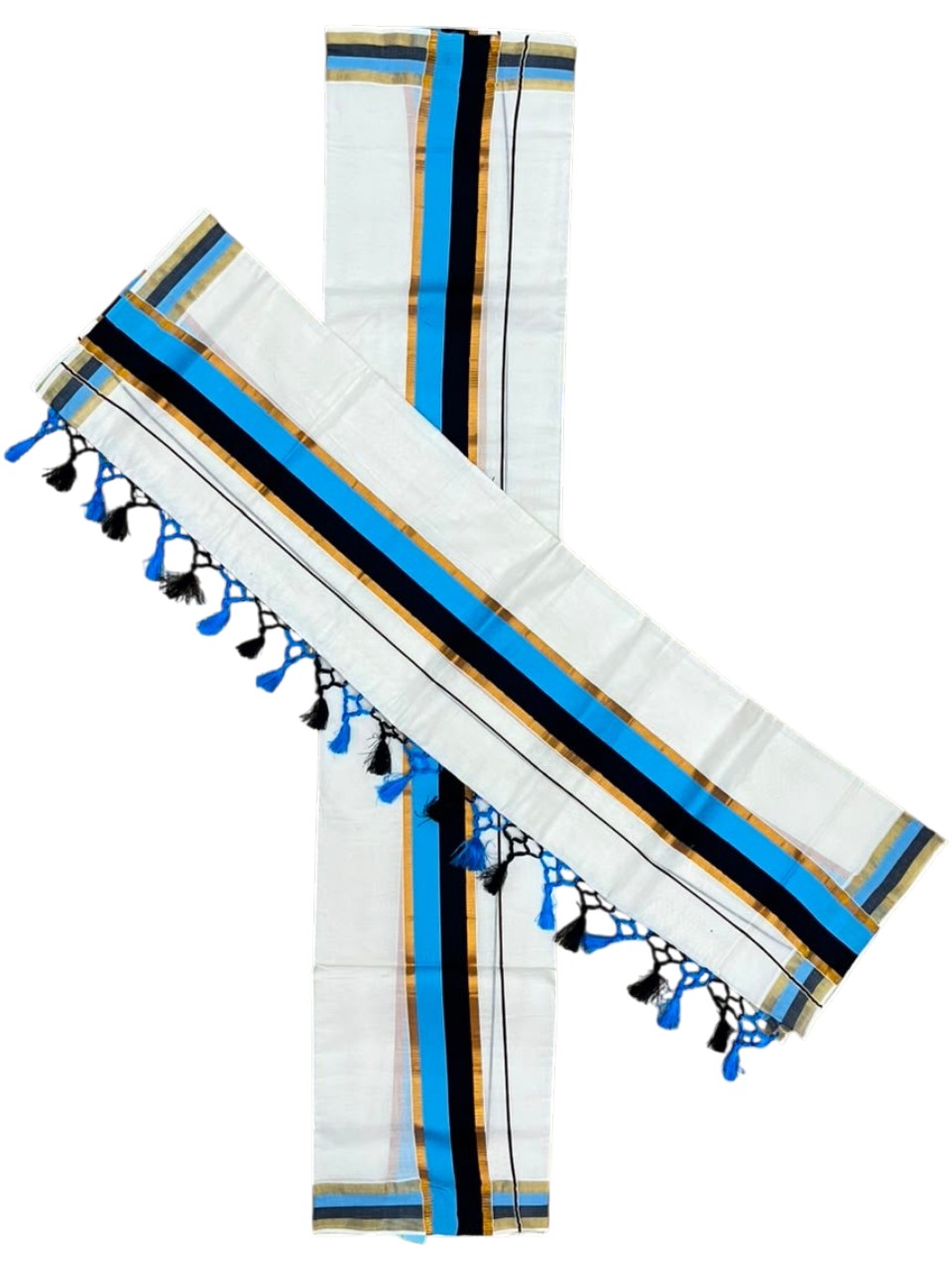 Southloom Kerala Cotton Kasavu Single Set Mundu (Mundum Neriyathum) with Black and Blue Border SLKK SL518