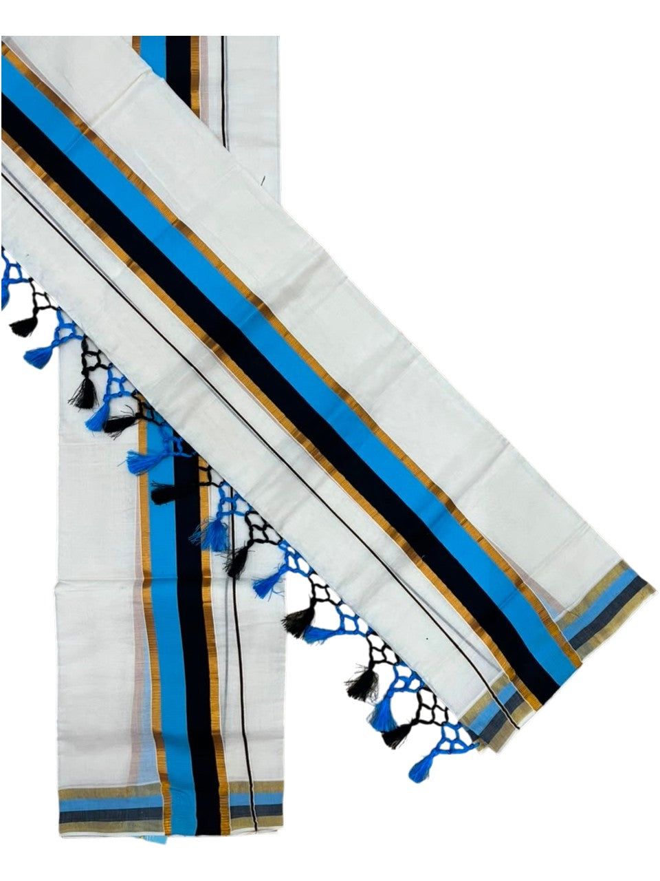Southloom Kerala Cotton Kasavu Single Set Mundu (Mundum Neriyathum) with Black and Blue Border SLKK SL518