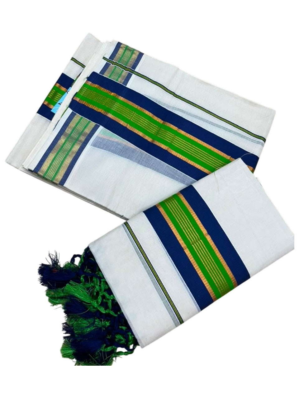 Southloom Kerala Cotton Kasavu Single Set Mundu (Mundum Neriyathum) with Green and Blue Border SLKK SL518