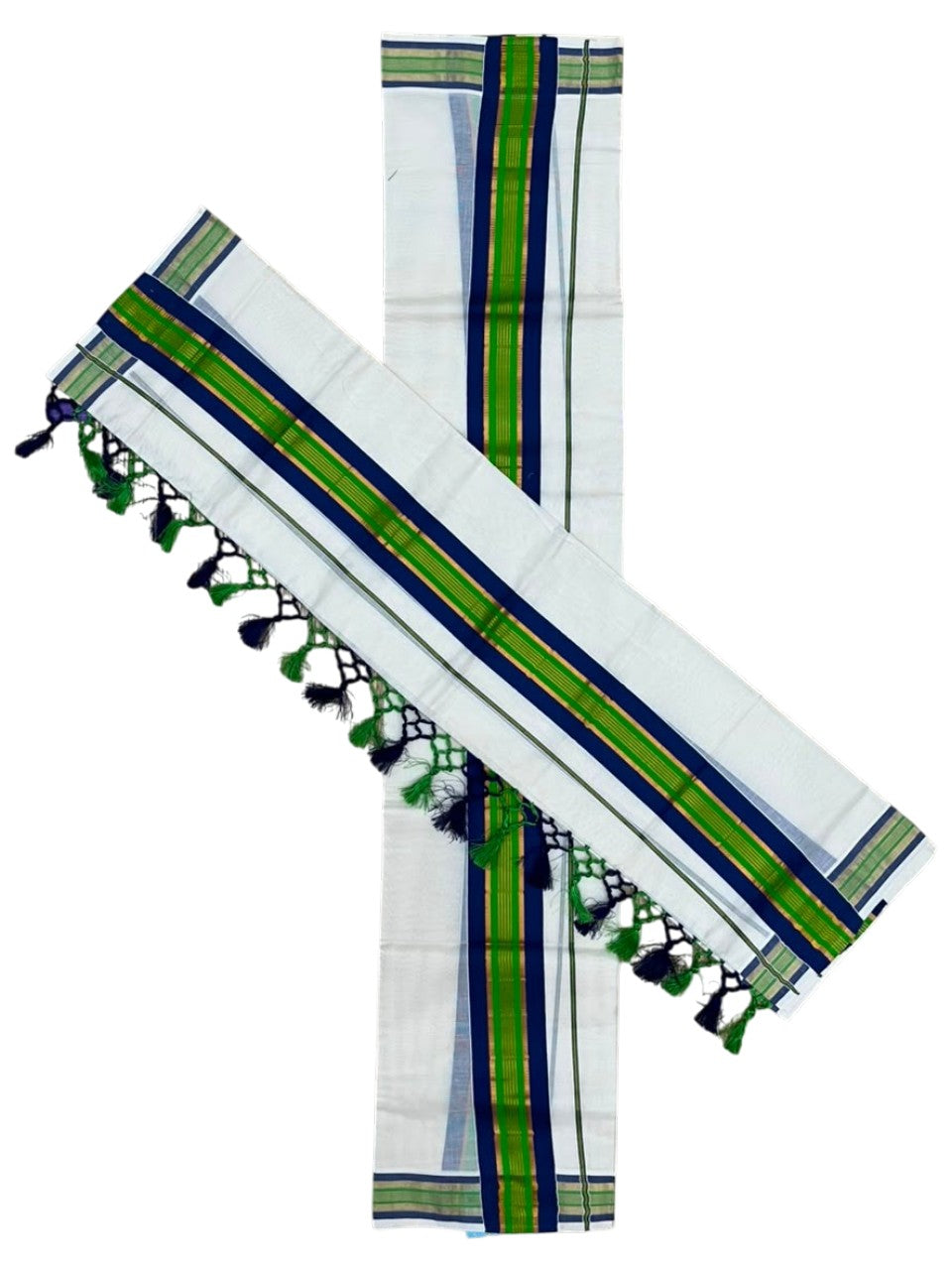 Southloom Kerala Cotton Kasavu Single Set Mundu (Mundum Neriyathum) with Green and Blue Border SLKK SL518