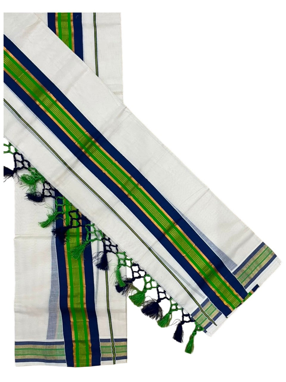 Southloom Kerala Cotton Kasavu Single Set Mundu (Mundum Neriyathum) with Green and Blue Border SLKK SL518