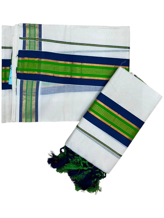 Southloom Kerala Cotton Kasavu Single Set Mundu (Mundum Neriyathum) with Green and Blue Border SLKK SL518