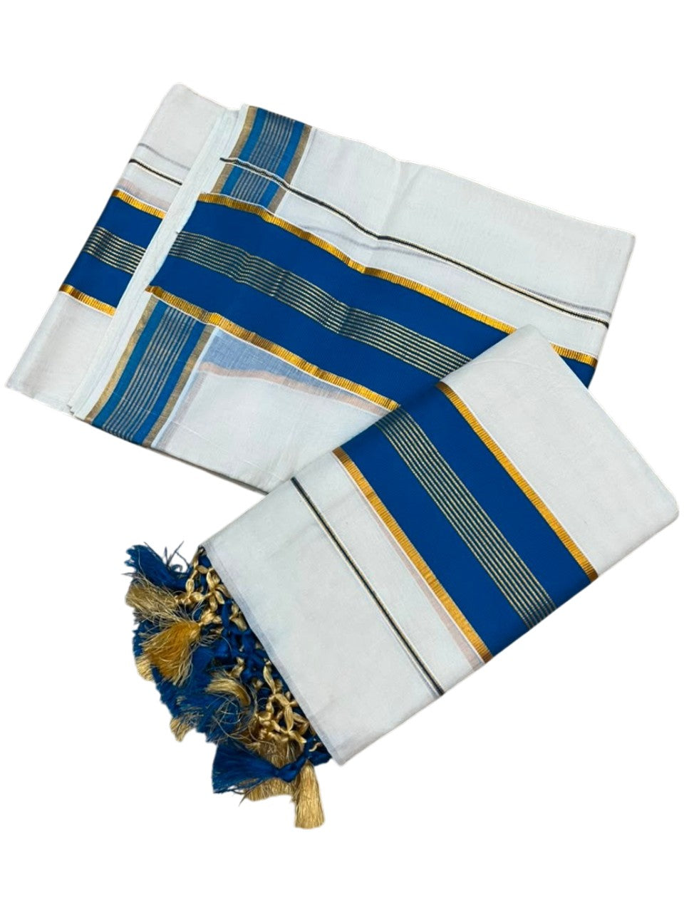 Southloom Kerala Cotton Kasavu Single Set Mundu (Mundum Neriyathum) with Blue Border SLKK SL518