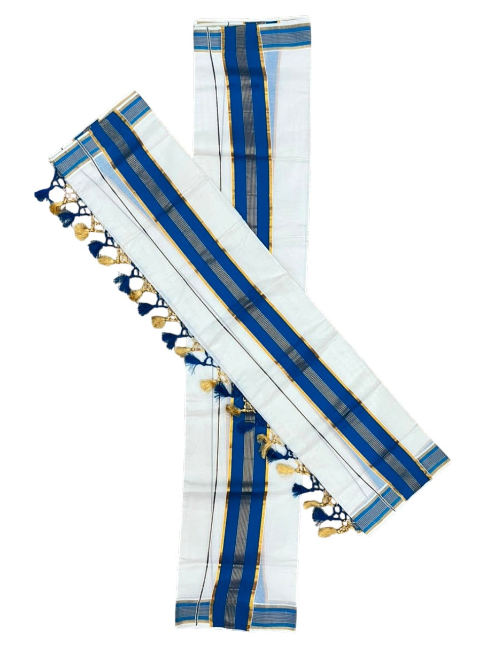 Southloom Kerala Cotton Kasavu Single Set Mundu (Mundum Neriyathum) with Blue Border SLKK SL518