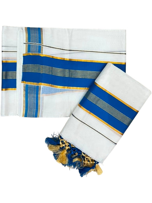 Southloom Kerala Cotton Kasavu Single Set Mundu (Mundum Neriyathum) with Blue Border SLKK SL518