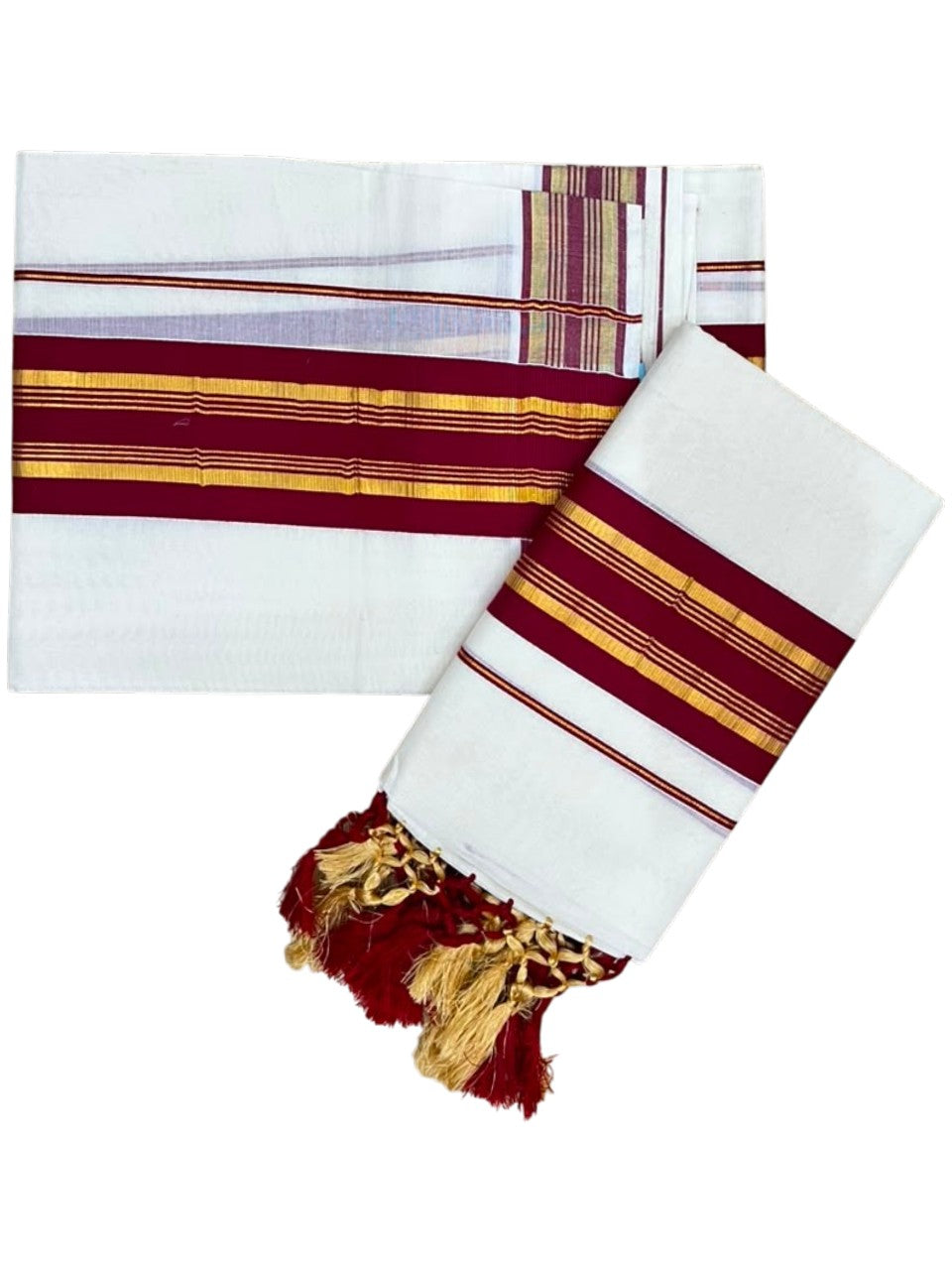 Southloom Kerala Cotton Kasavu Single Set Mundu (Mundum Neriyathum) with Maroon Border SLKK SL518