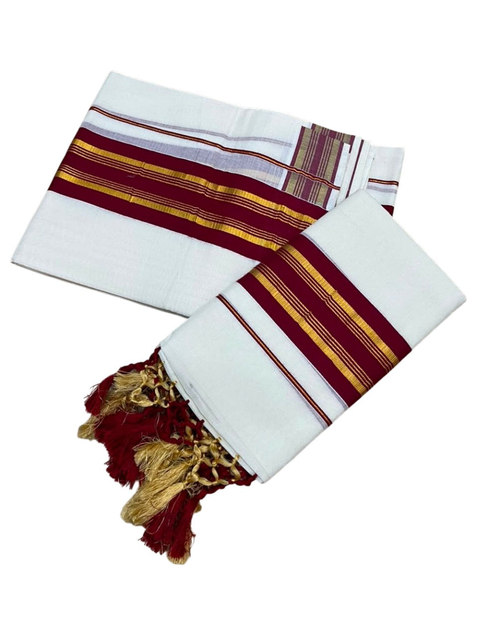 Southloom Kerala Cotton Kasavu Single Set Mundu (Mundum Neriyathum) with Maroon Border SLKK SL518
