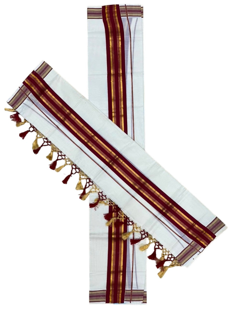 Southloom Kerala Cotton Kasavu Single Set Mundu (Mundum Neriyathum) with Maroon Border SLKK SL518