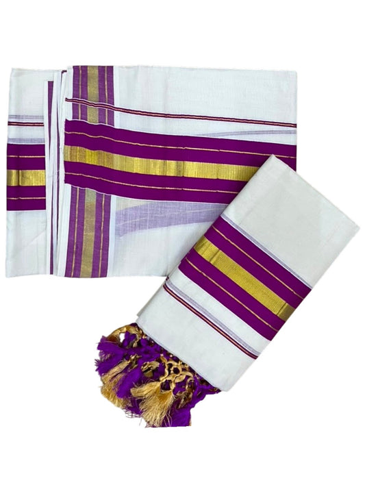 Southloom Kerala Cotton Kasavu Single Set Mundu (Mundum Neriyathum) with Magenta Border SLKK SL518