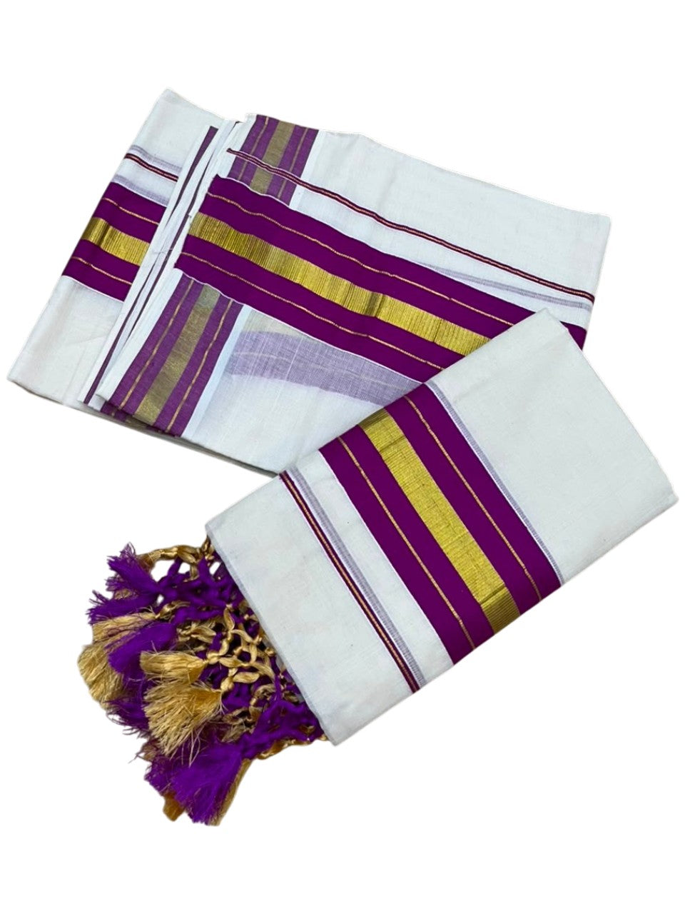 Southloom Kerala Cotton Kasavu Single Set Mundu (Mundum Neriyathum) with Magenta Border SLKK SL518