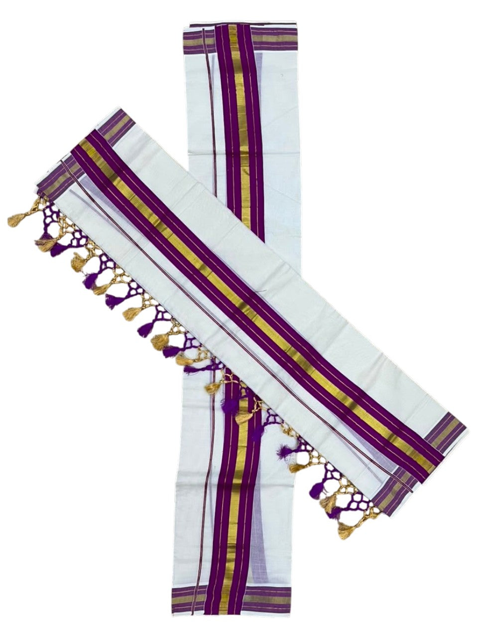 Southloom Kerala Cotton Kasavu Single Set Mundu (Mundum Neriyathum) with Magenta Border SLKK SL518