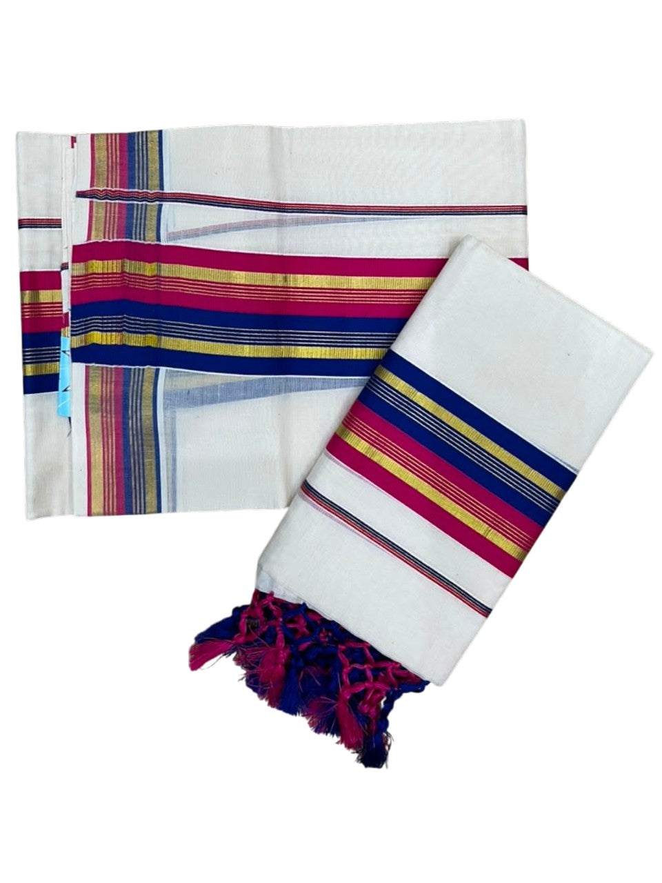 Southloom Kerala Cotton Kasavu Single Set Mundu (Mundum Neriyathum) with Pink and Blue Border SLKK SL518