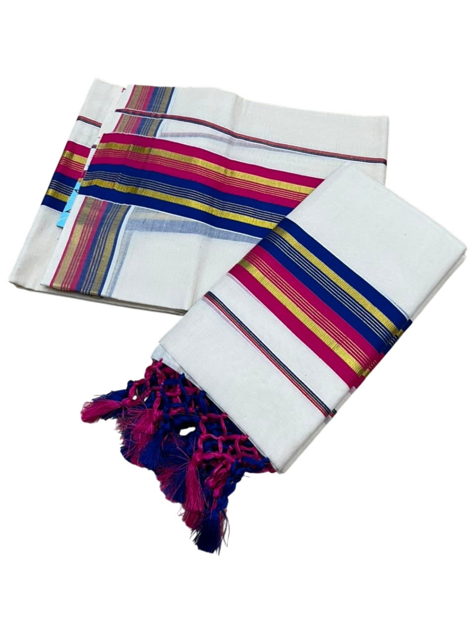 Southloom Kerala Cotton Kasavu Single Set Mundu (Mundum Neriyathum) with Pink and Blue Border SLKK SL518
